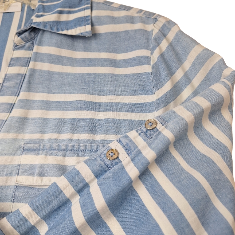 New York & Company Blue White Stripe Button‎ Up Shirt - Picture 5 of 15